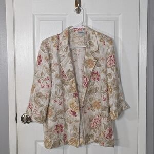 Vintage Joanna Cream/Pink‎ Floral Longline Open Front Blazer Size Small